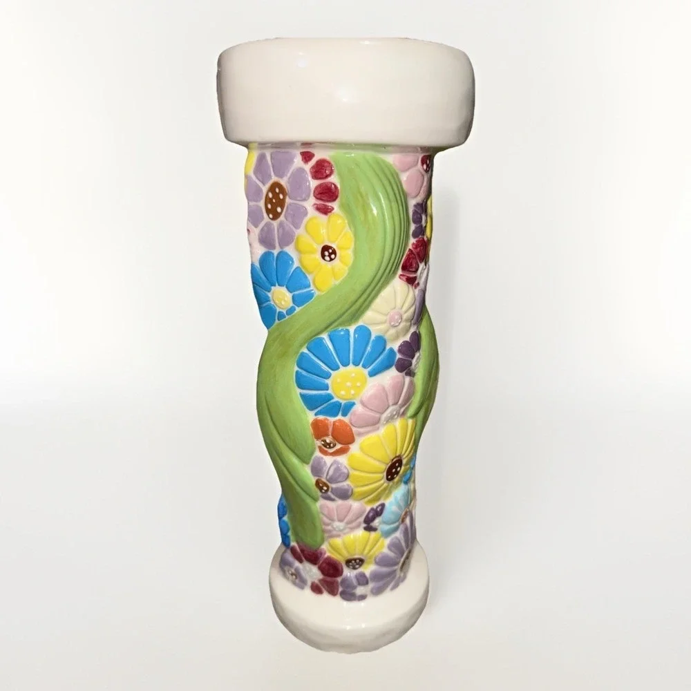 Vintage Style Hand Painted Floral Relief Ceramic Twisted Vase Multicolor 10in